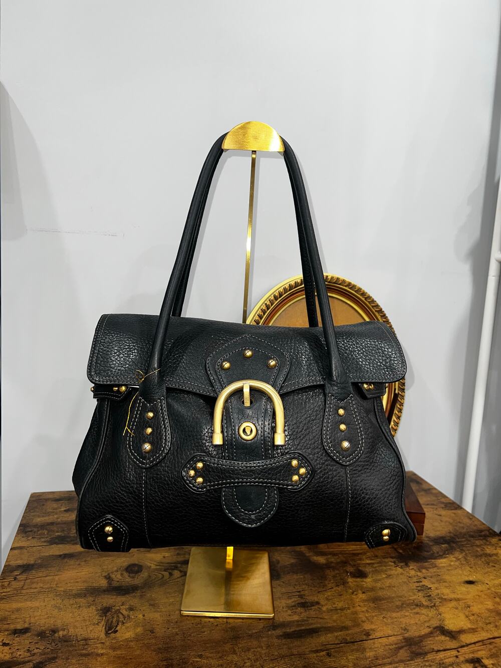 Maxx New York Black Pebbled Cow Hide Leather Satchel Tote Bag with Brass U-Lock